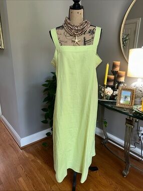 Eileen Fisher Honeydew Square-Neck 100% Linen Maxi Dress size Large EUC